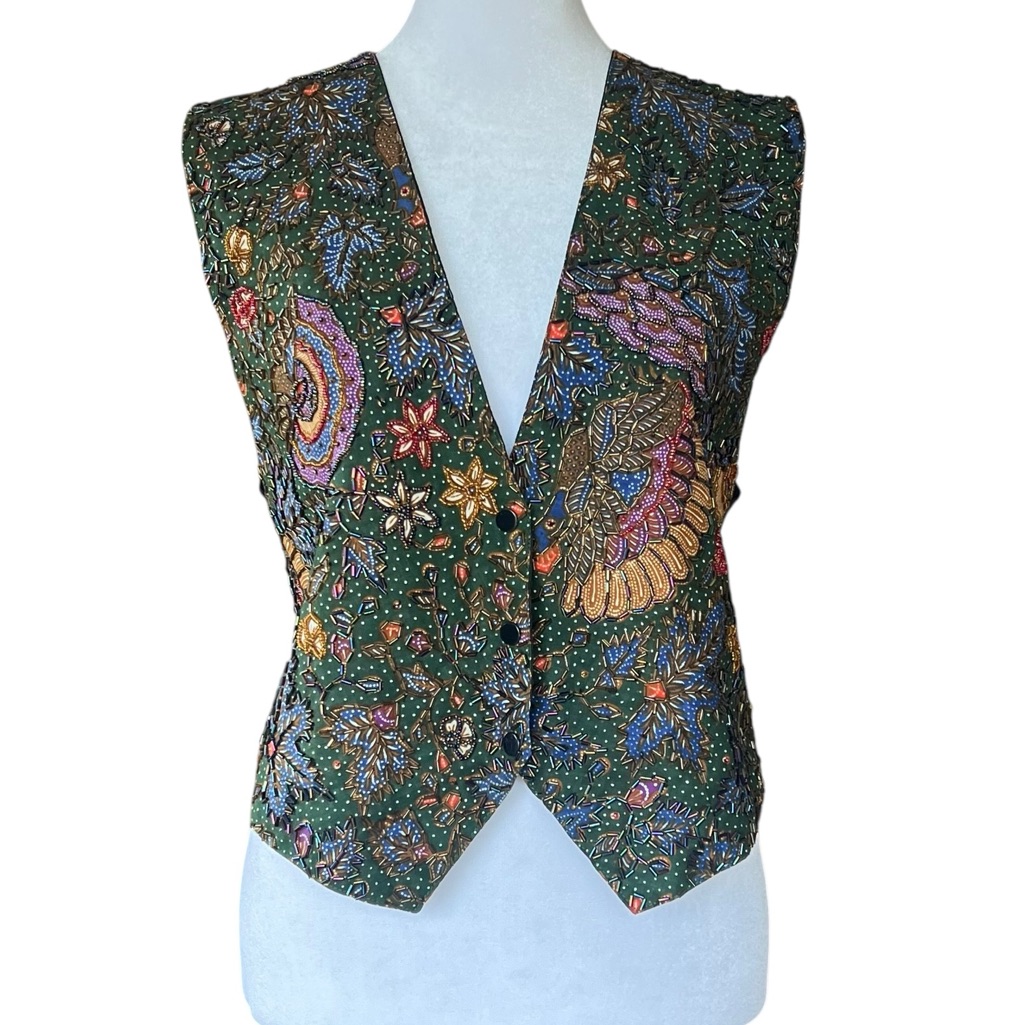 Vintage Match-Ups Beaded Batik Vest Green Boho Artisan Festival M